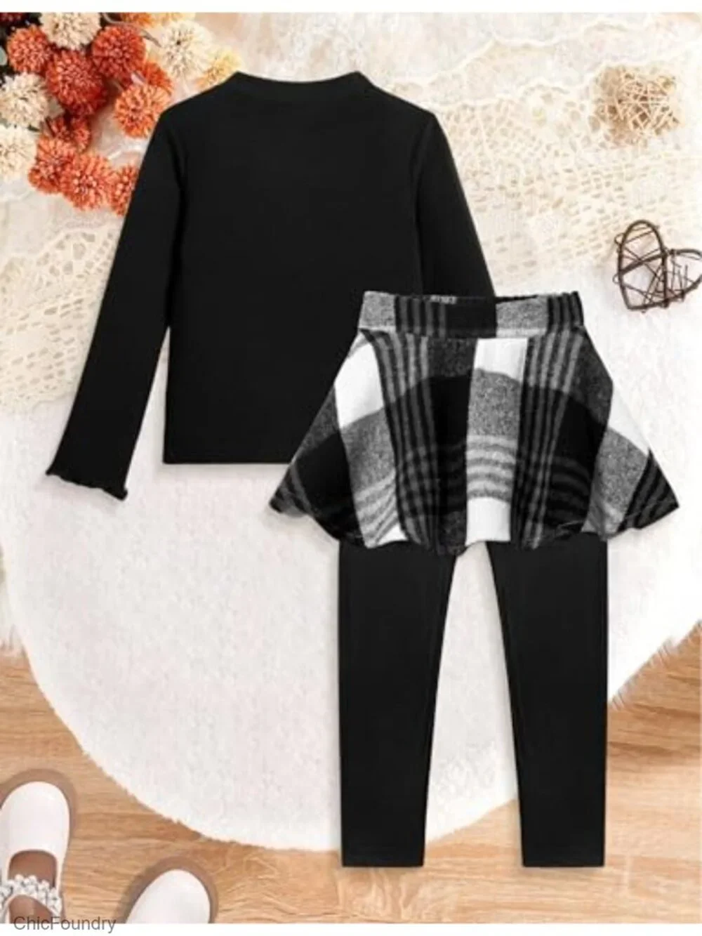 2Pc Girls Long Sleeve Knit Top & Plaid Skirt Leggings Set